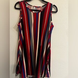 Sleeveless Midi Dress in Red, Blue, Black & white Stripes with pockets